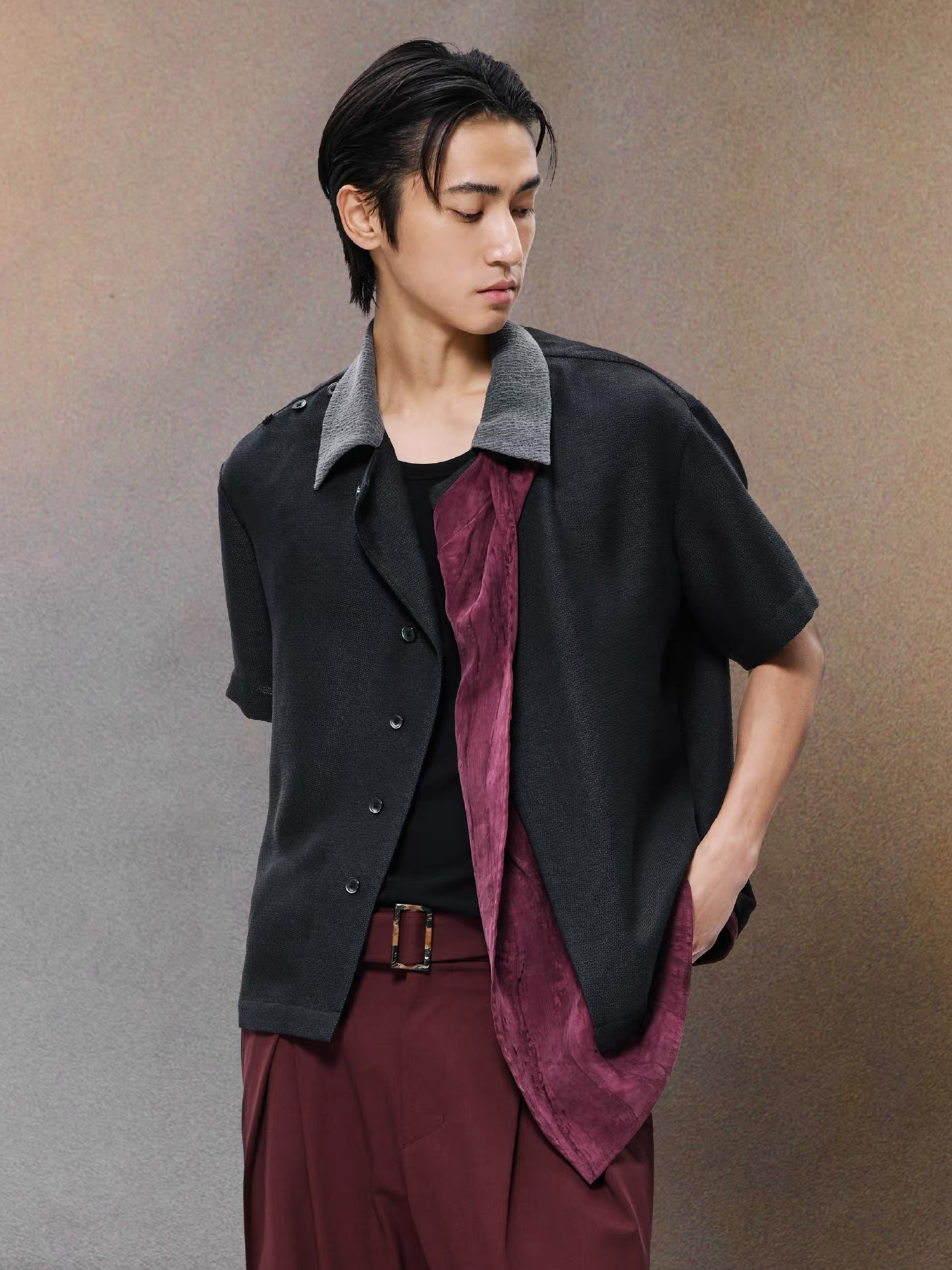 ALVNG AR ANTS Asymmetrical Contrast Spliced Linen Half Shirt-Half shirt-S-Blue-Free Shipping Leatheretro