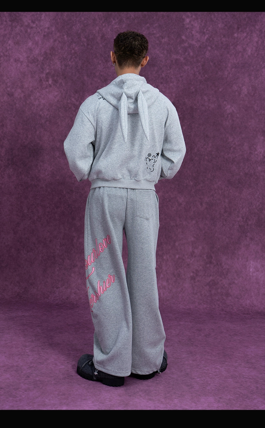 CLP Men's Gray Cartoon Rabbit Print Hooded Sweatshirt Jacket-Gray-S-Free Shipping Leatheretro