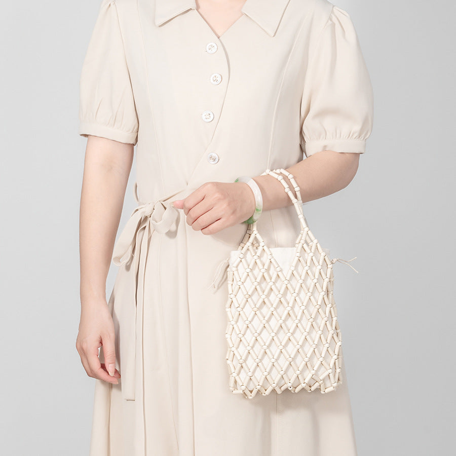Handwoven Boho Macrame Bag – Elegant Hollow Wood Bead Handbag for Women-ivory white-18*2.5*24CM-Free Shipping Leatheretro