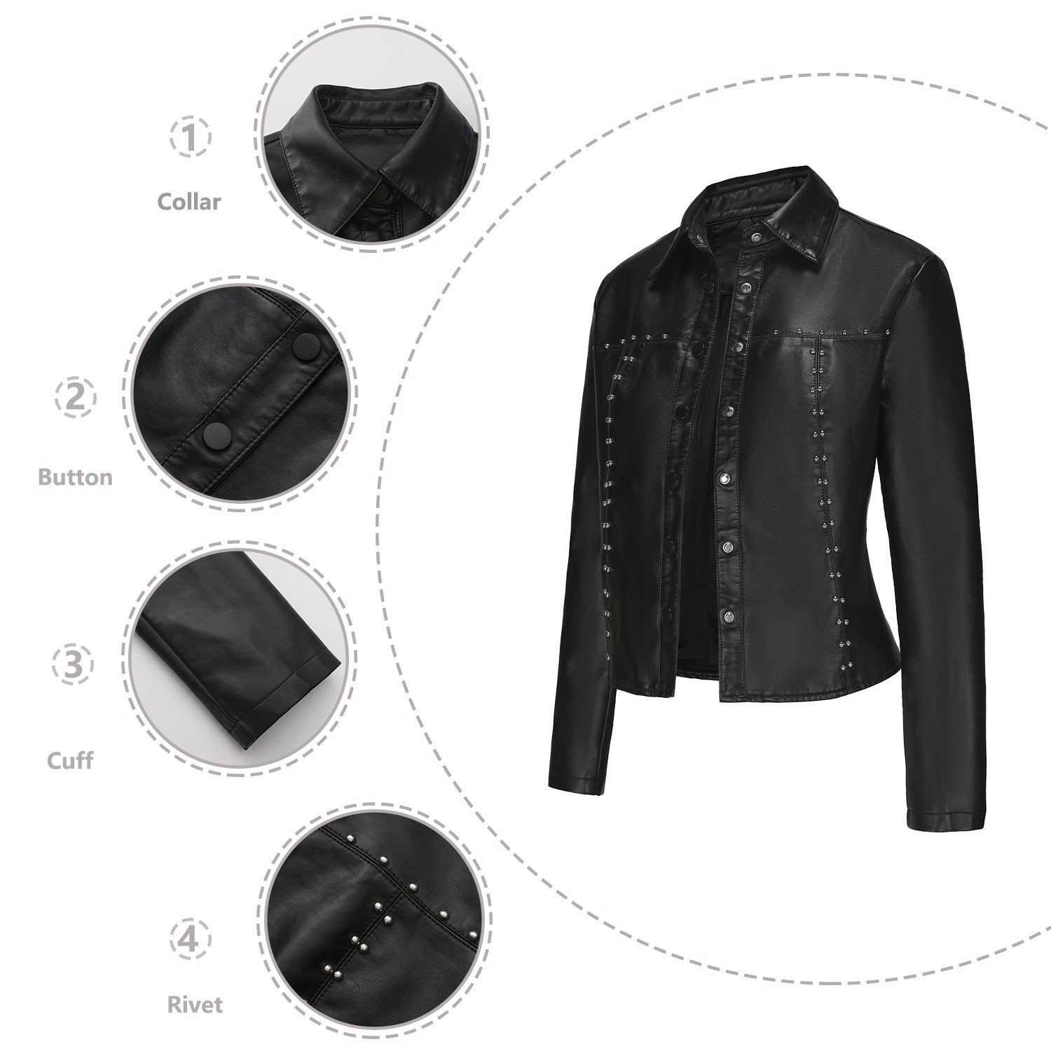 Stylish Rivet Button Leather Jacket-black-S-Free Shipping Leatheretro