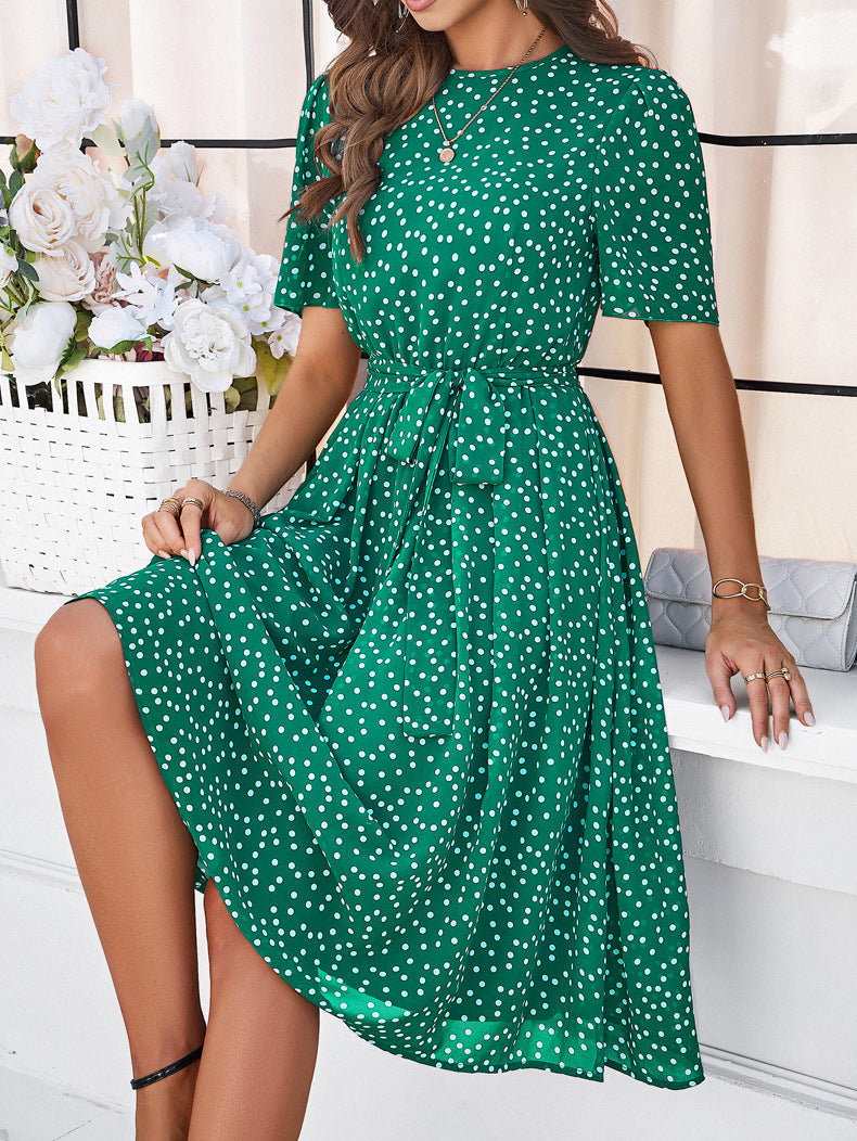Elegant Polk Dot Short Sleeves Dresses-Dresses-Coffee-S-Free Shipping Leatheretro
