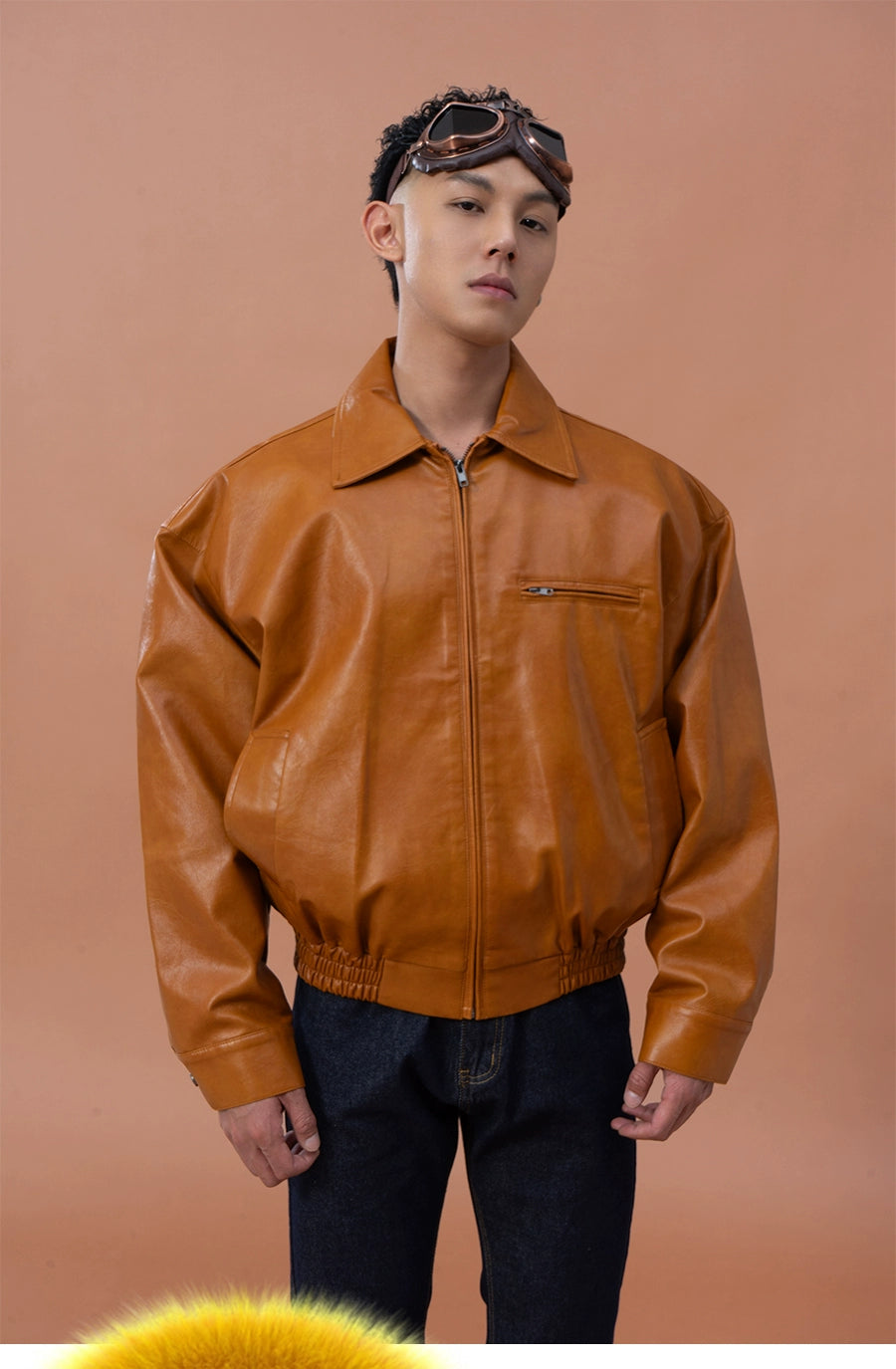 CLP Men Brown Faux Leather Stand Collar Jacket-Brown-M-Free Shipping Leatheretro