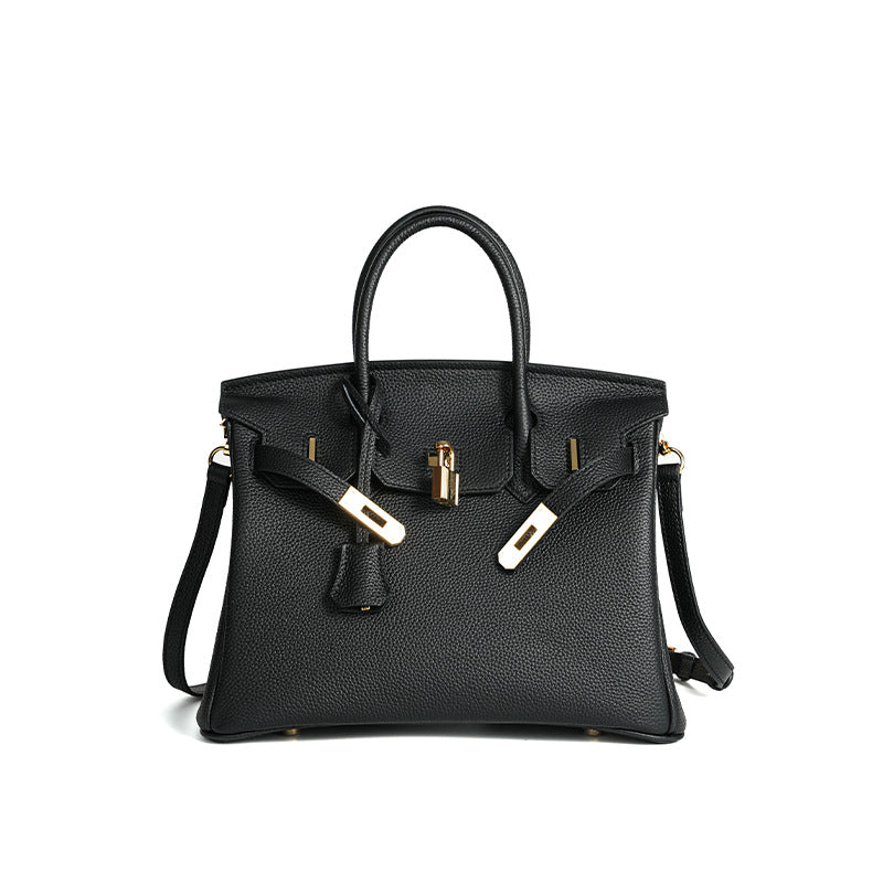 Luxury Genuine Top Grain Pebbled Leather Women's Handbag with Lock Closure-Handbags-elephant gray-35CM-Free Shipping Leatheretro