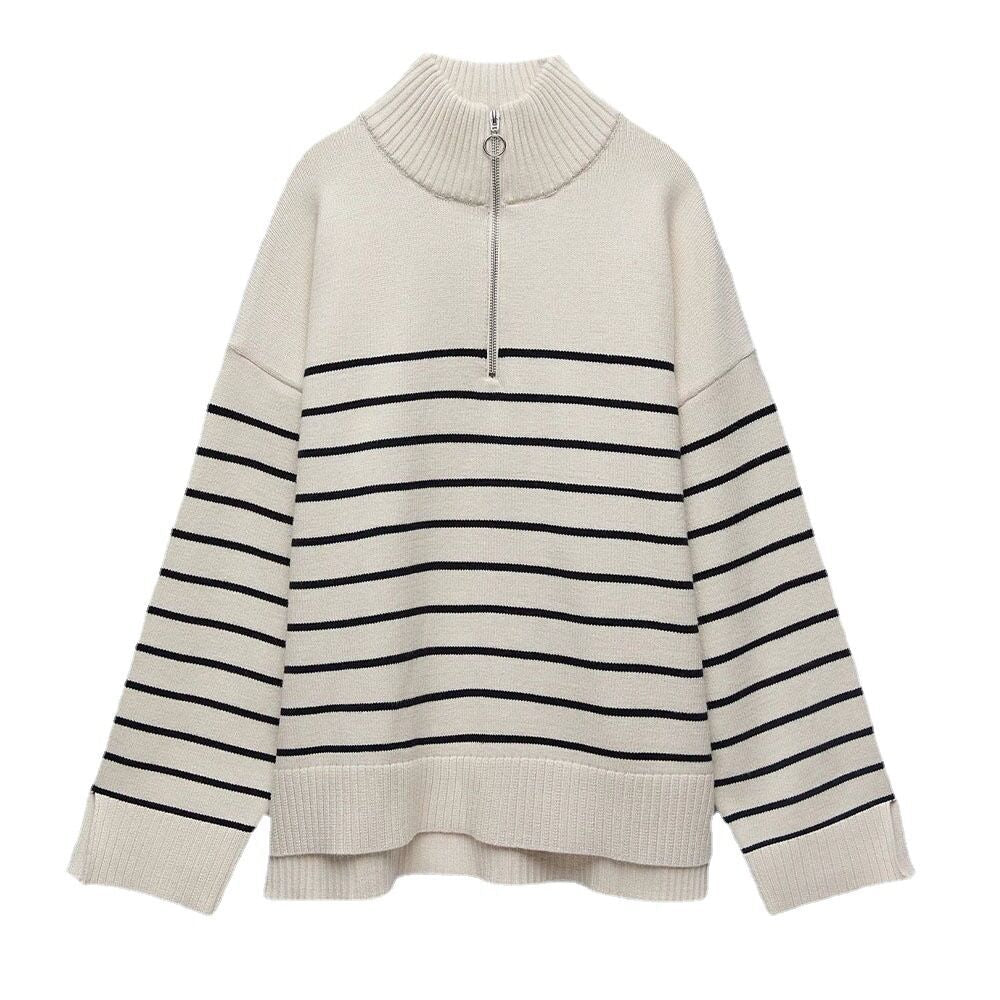 Fashion Striped Zipper High Neck Knitted Sweaters-Sweater&Hoodies-The same as picture-S-Free Shipping Leatheretro