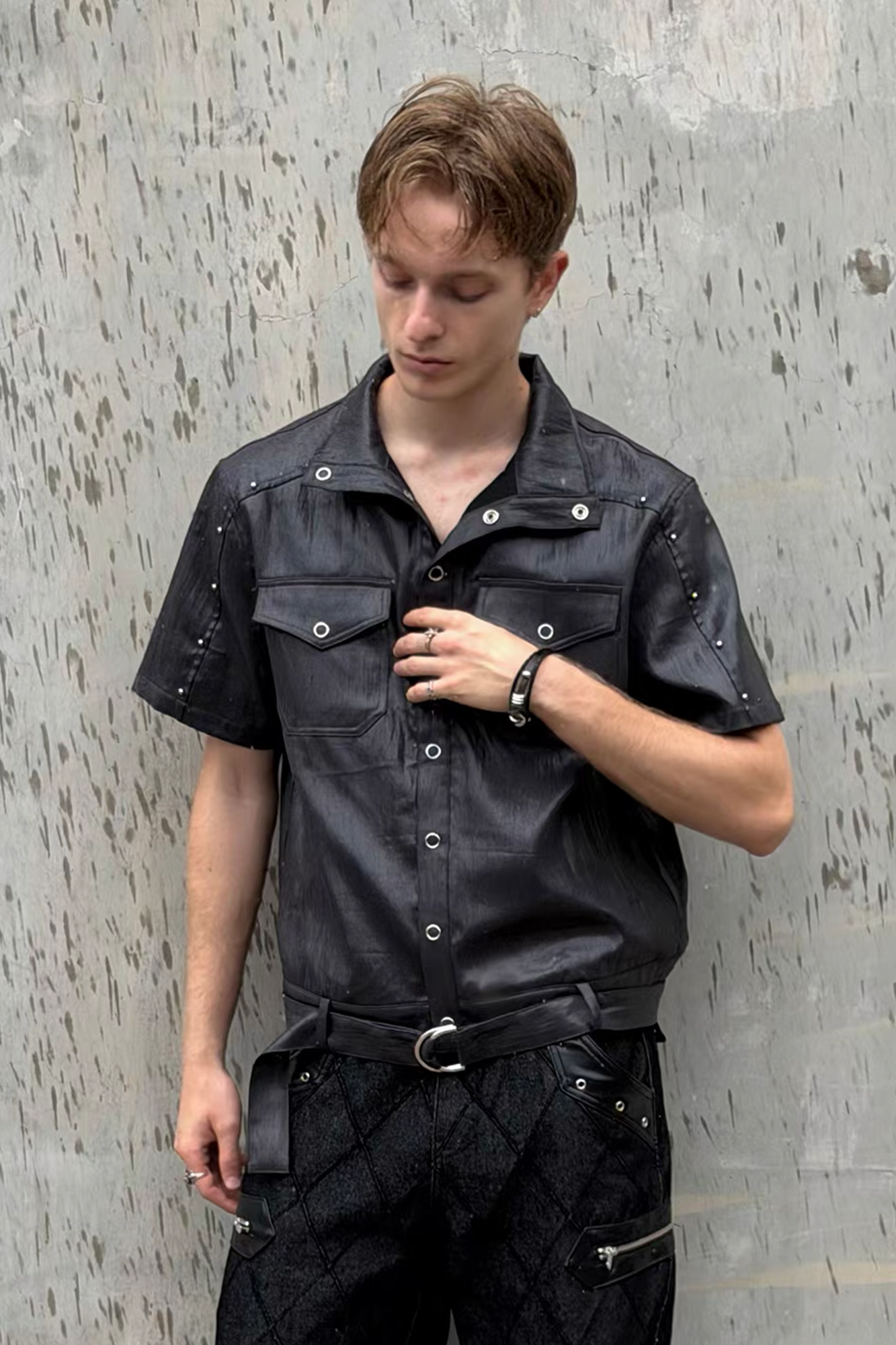 ESAIAS Studded Waxed Linen Belted Half Shirt-Half shirt-S-Free Shipping Leatheretro