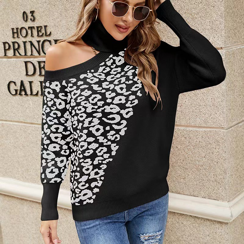 Casual Leopard Long Sleeves Knitted Sweaters-Sweater&Hoodies-Black-S-Free Shipping Leatheretro