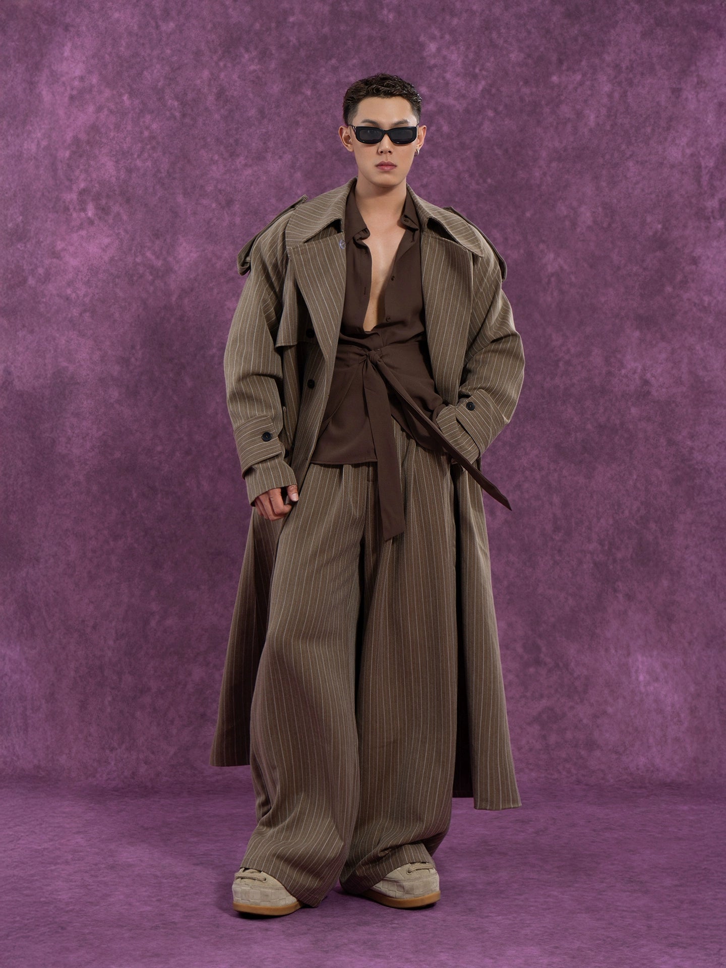 CLP Unisex Long Striped Duster Coat - Oversized Belted Trench-Coffee-S-Free Shipping Leatheretro