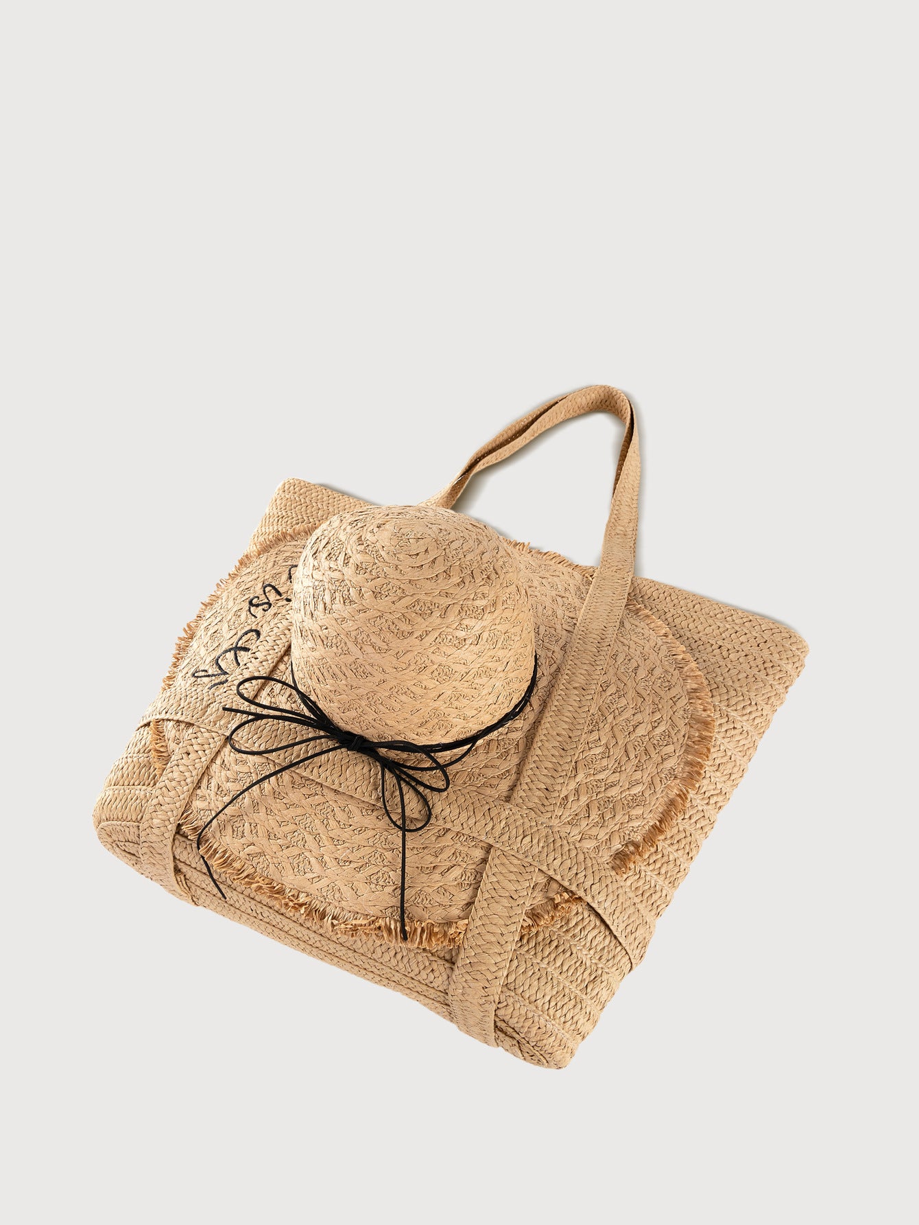 Handwoven Straw Tote Bag with Matching Hat-Apricot-Free Shipping Leatheretro