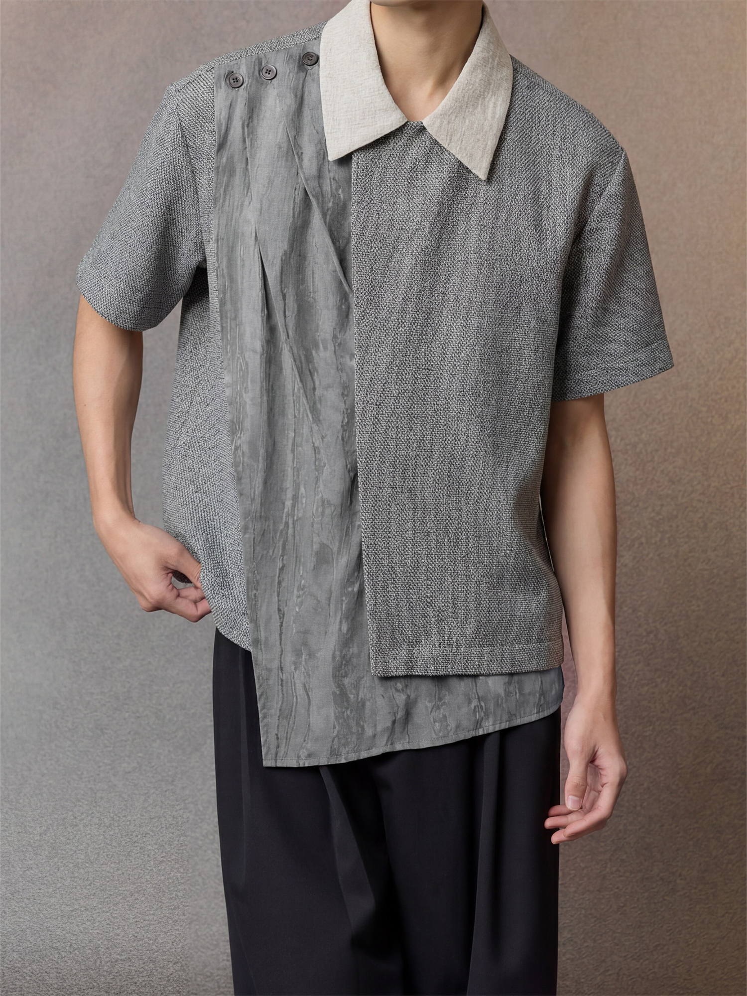 ALVNG AR ANTS Asymmetrical Contrast Spliced Linen Half Shirt-Half shirt-S-Blue-Free Shipping Leatheretro