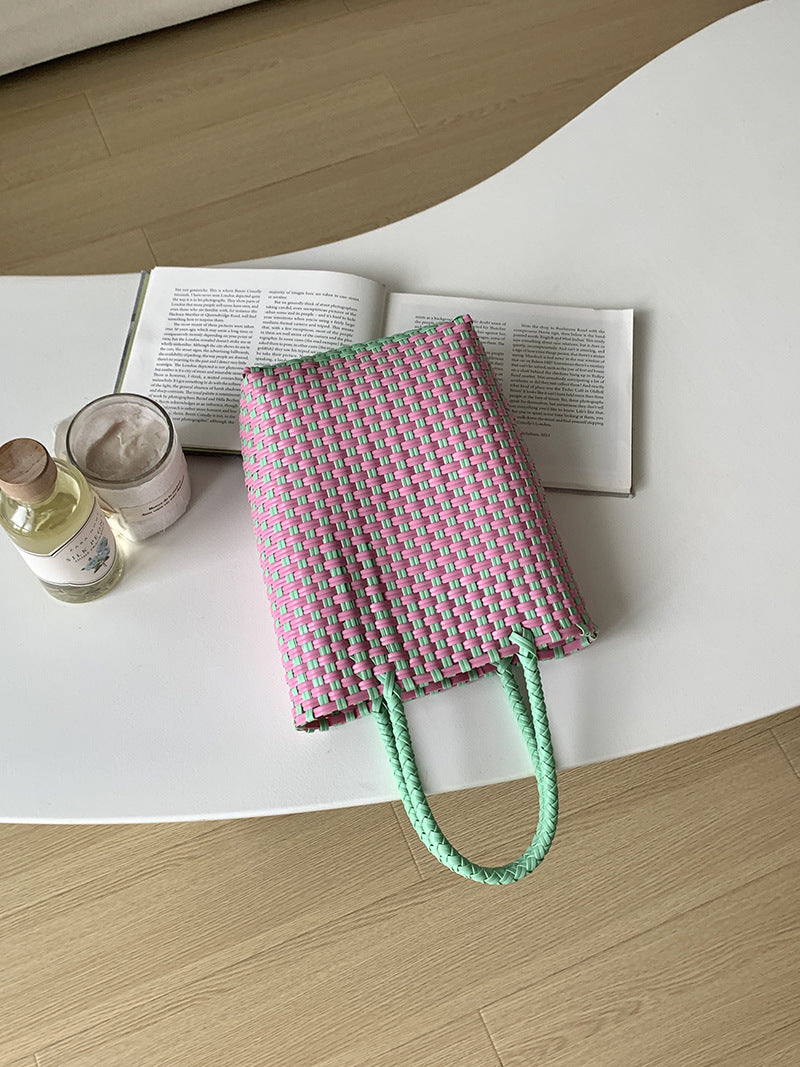 Summer PVC Handwoven Beach Bag – Colorful Boho Tote, Gift Basket & Casual Carryall-Beach Bags-Pink green-Free Shipping Leatheretro