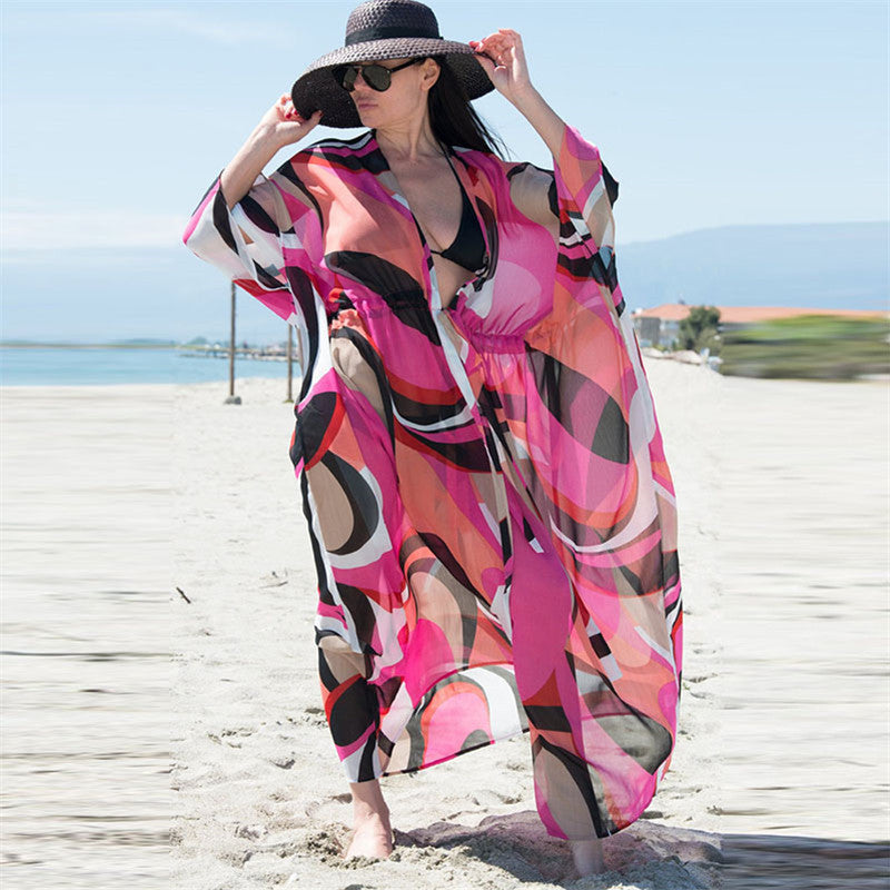 Summer Chiffon Beach Cover Up Dresses for Women-Rose Red-One Size-Free Shipping Leatheretro