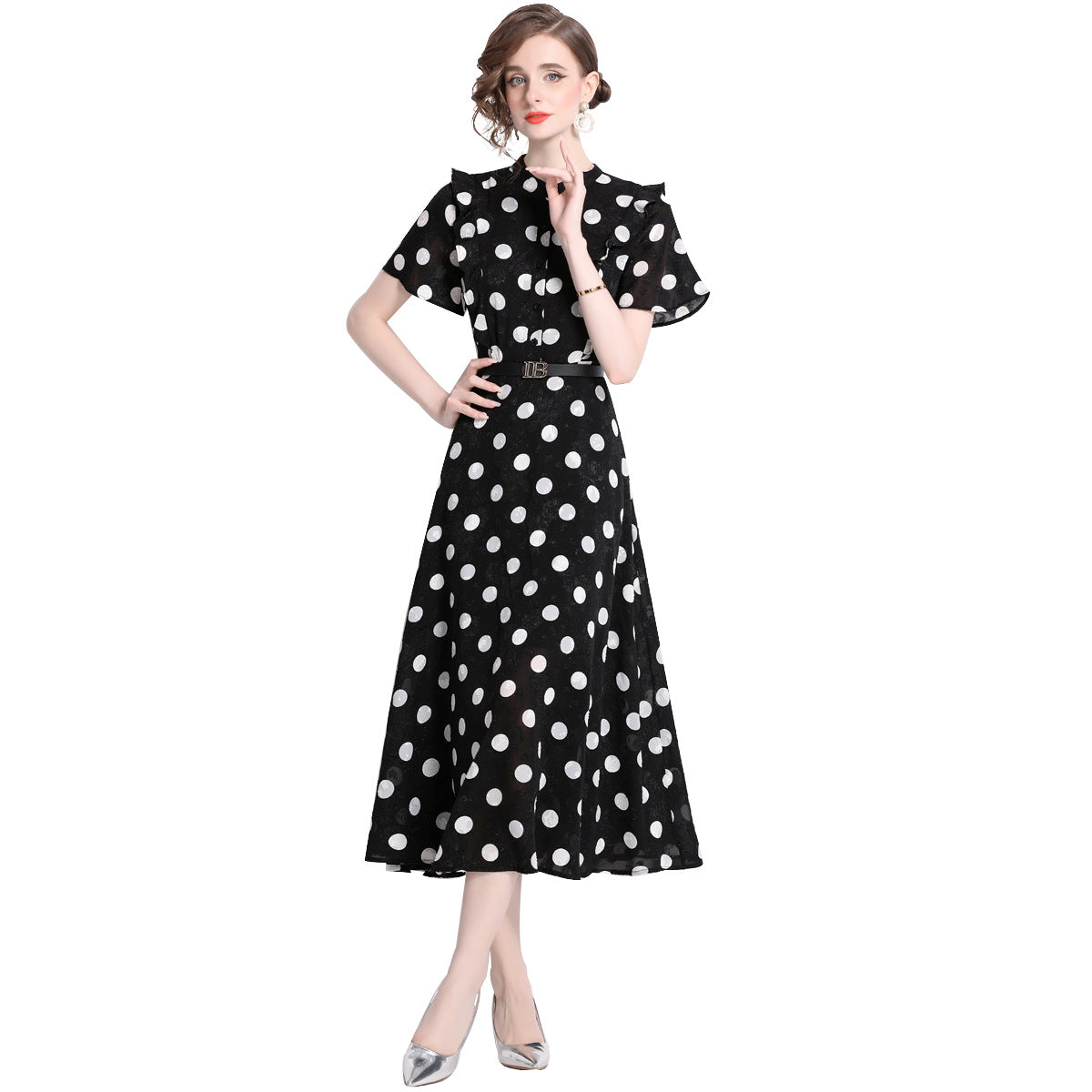 Elegant Polk Dot Short Sleeves Midi Length Dresses-Dresses-Black-2XL-Free Shipping Leatheretro