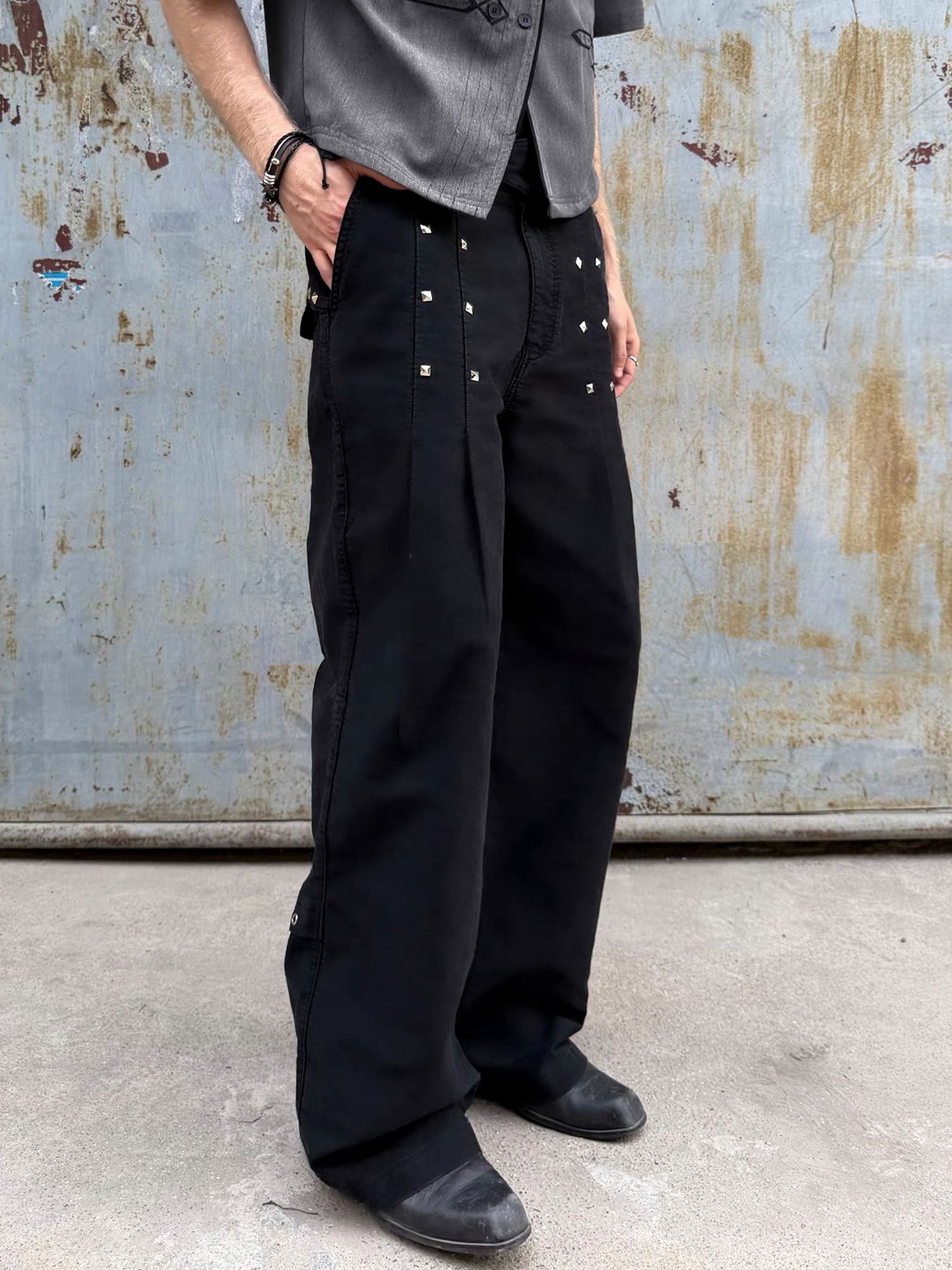ESAIAS Studded Pleated Moleskin Trousers-Pants-S / 30" (Preorder)-Free Shipping Leatheretro
