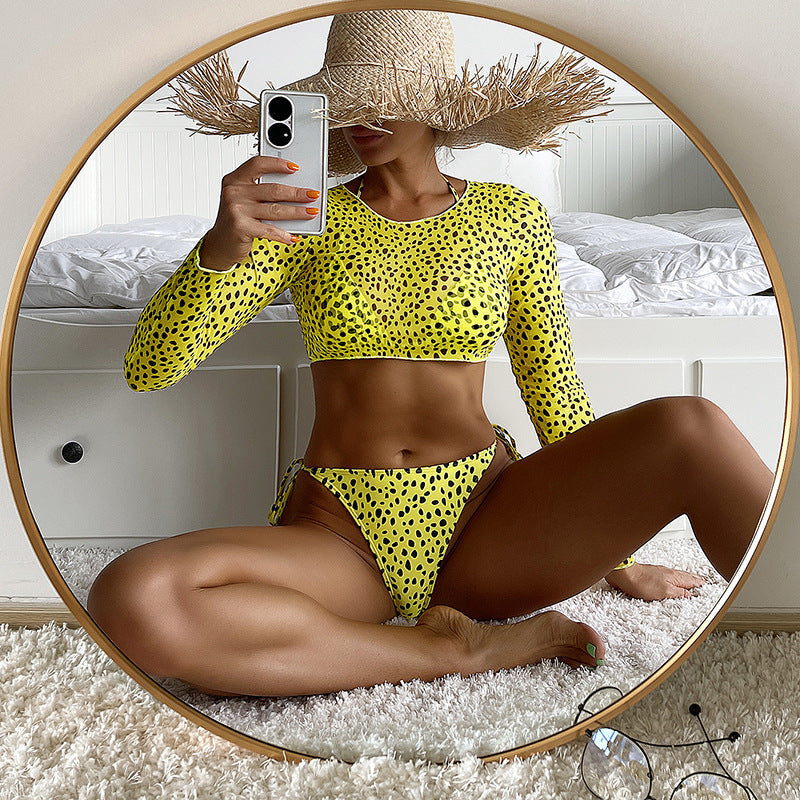 Sexy Long Sleeves Leopard Three Pieces Women Bikinis Swimwear-Swimwear-White-S-Free Shipping Leatheretro