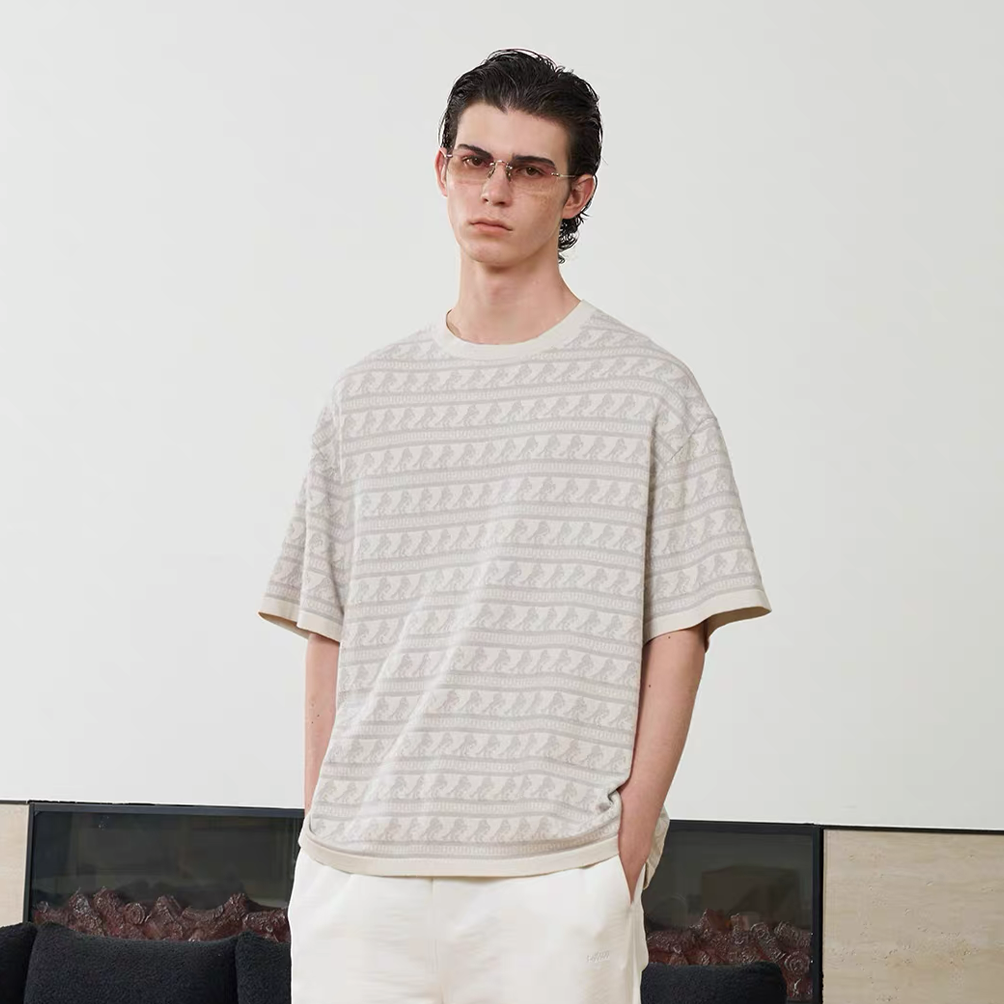 PMW Horse Jacquard Knitted T Shirt-T Shirt-S-White-Free Shipping Leatheretro