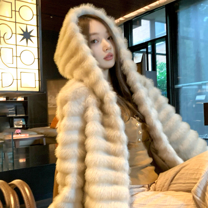 Fashion Faux Fur Women Coats with Hat-Outerwear-Ivory-S 40-50 kg-Free Shipping Leatheretro