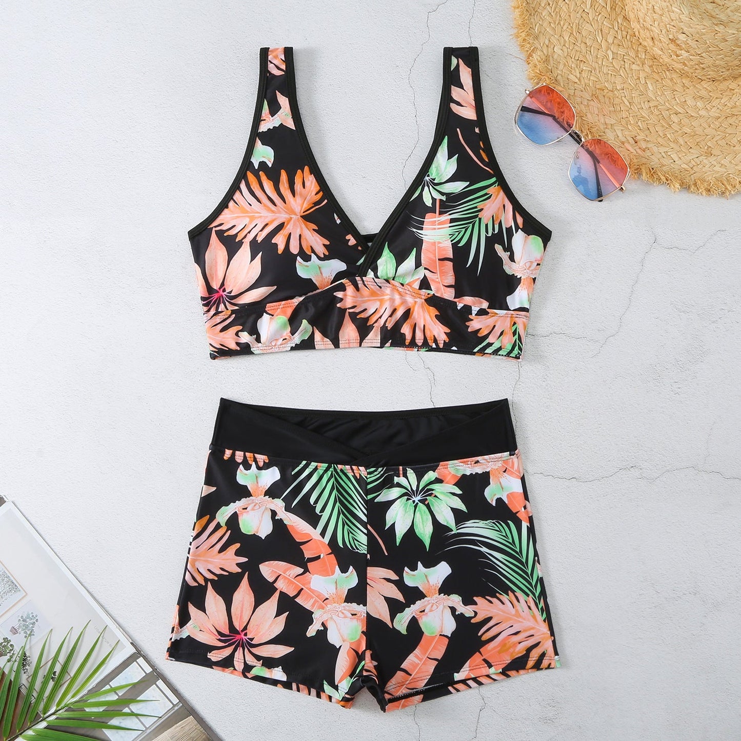 Sexy Floral Print Summer Boxer Swimsuits-Swimwear-Orange Floral-S-Free Shipping Leatheretro