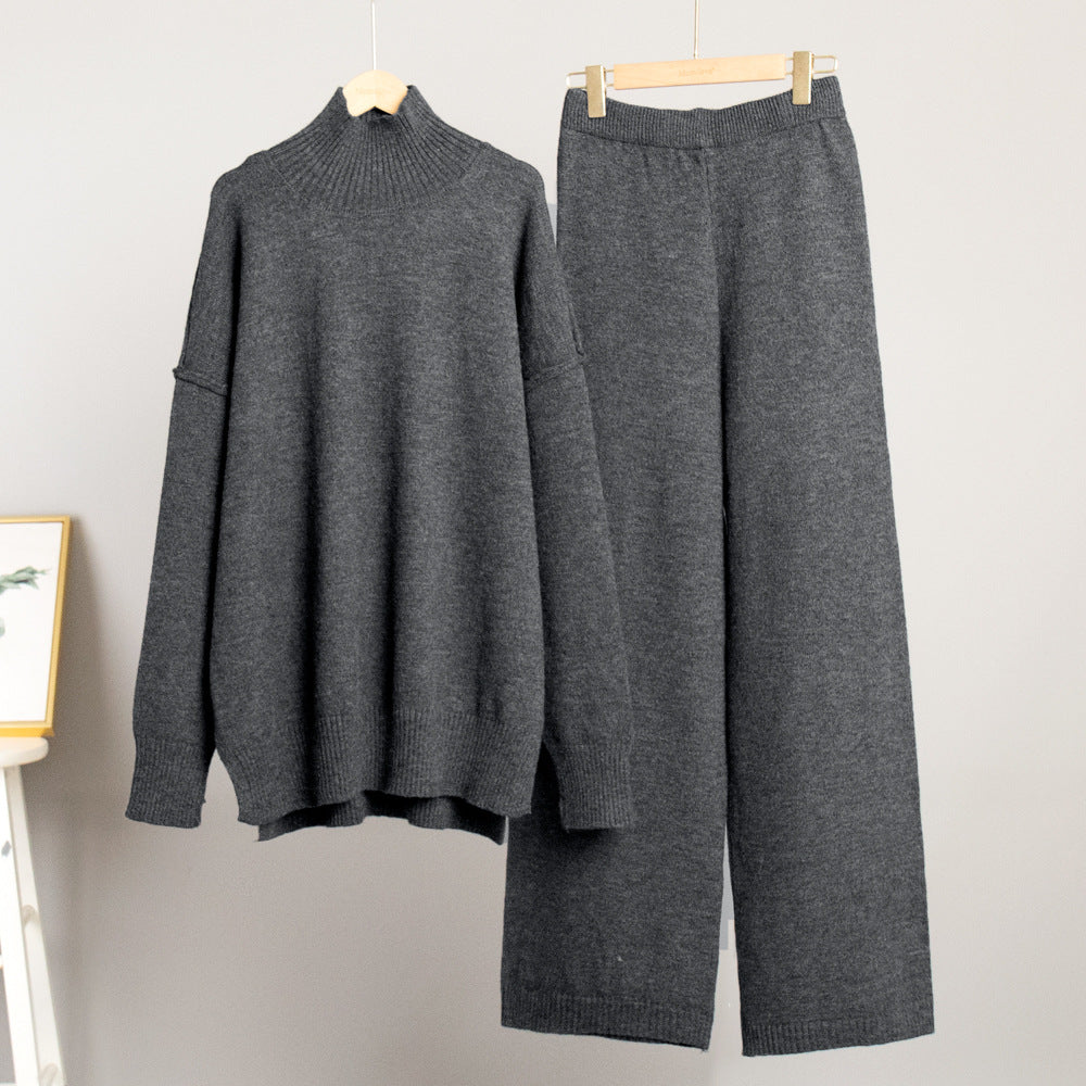 Casual High Neck Pullover Sweaters & Knitted Pants-Suits-Dark Gray-S-Free Shipping Leatheretro