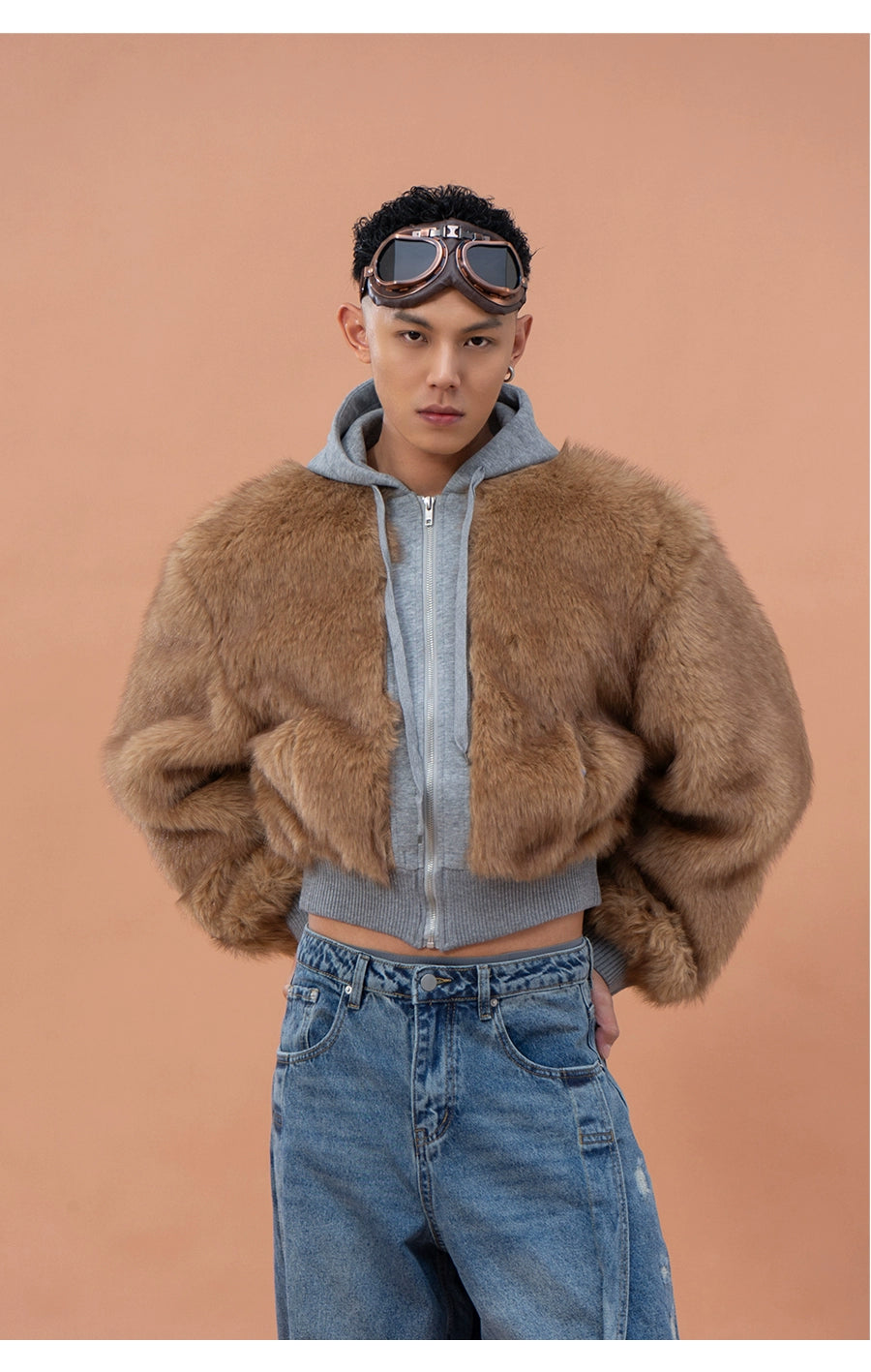 CLP Unisex Cropped Faux Fur Hoodie - Taupe Brown Zip-Up Coat-Brown-S-Free Shipping Leatheretro