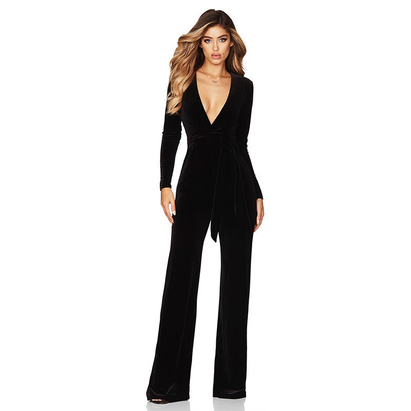 Sexy Deep V Neck Long Sleeves Jumpsuits-Suits-Black-S-Free Shipping Leatheretro