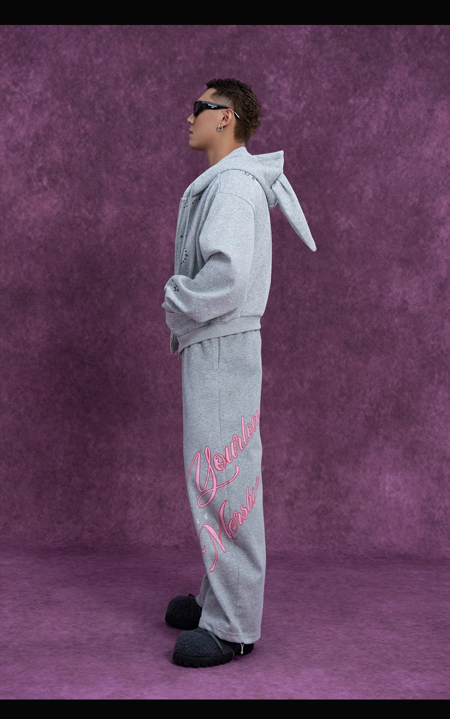 CLP Men's Gray Cartoon Rabbit Print Hooded Sweatshirt Jacket-Gray-S-Free Shipping Leatheretro