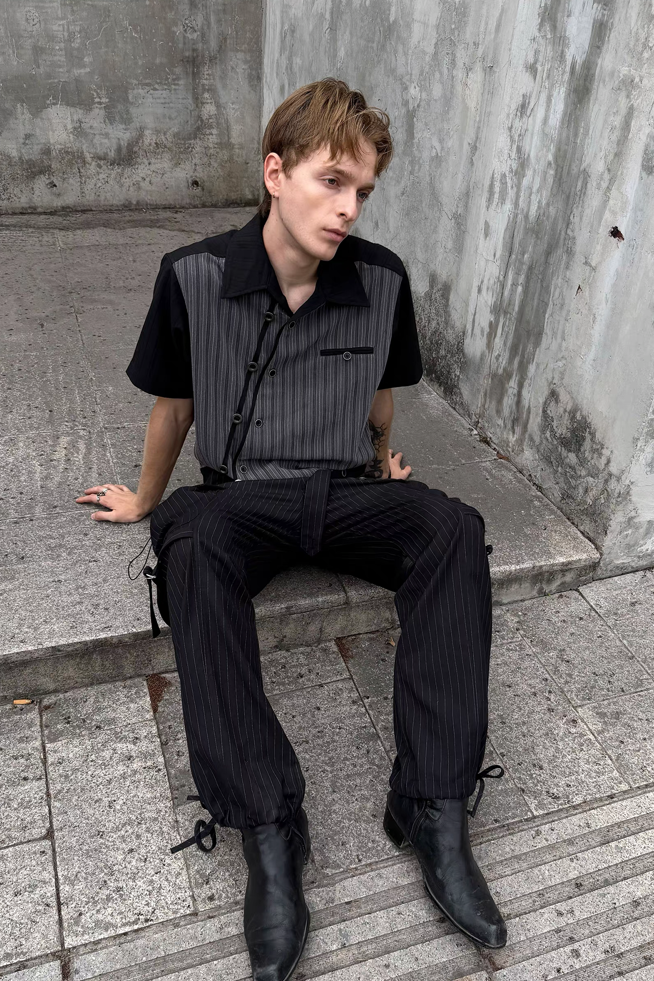 ESAIAS Jacquard Pinstripe Asymmetrical Paneled Half Shirt-Half shirt-S-Free Shipping Leatheretro