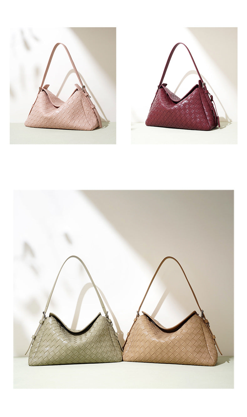 Leather Quilted Shoulder Bag, Elegant Woven Handbag, Stylish & Minimalist-Shoulder Bags-Matcha green-Free Shipping Leatheretro