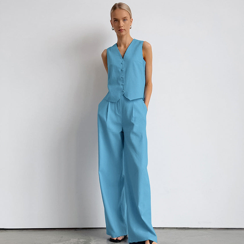 Casual V Neck Sleeveless Tops and Pant Suits-Suits-Blue-S-Free Shipping Leatheretro