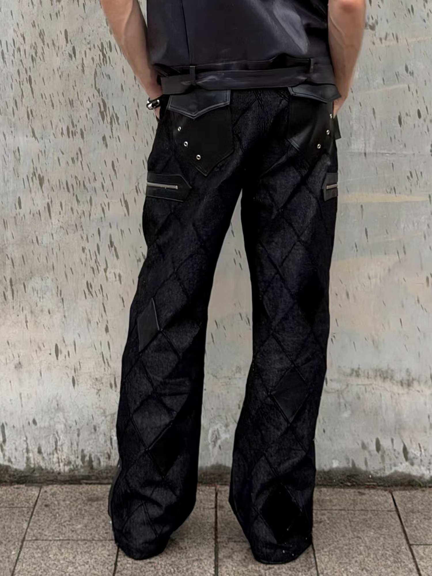 ESAIAS Diamond Faux Leather Patch Rivet Jeans-Jeans-S / 29" (Preorder)-Free Shipping Leatheretro