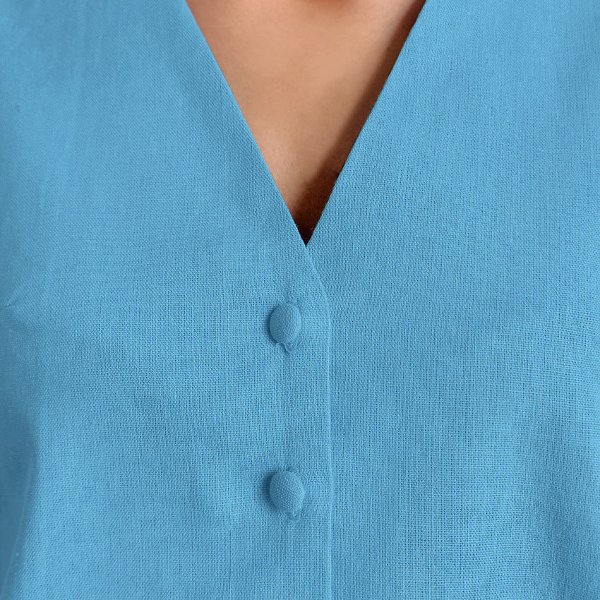 Casual V Neck Sleeveless Tops and Pant Suits-Suits-Blue-S-Free Shipping Leatheretro