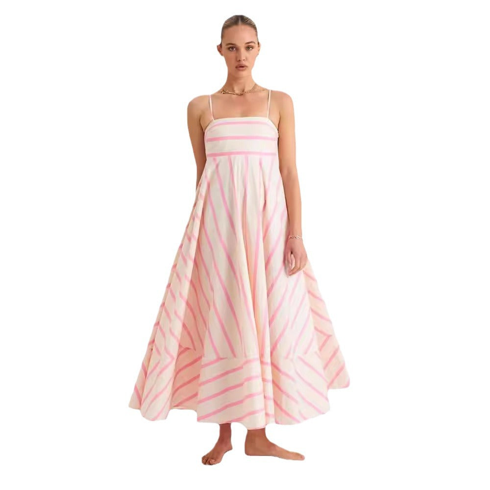 Summer Pink Striped Sleeveless Long Dresses-Dresses-Pink-S-Free Shipping Leatheretro