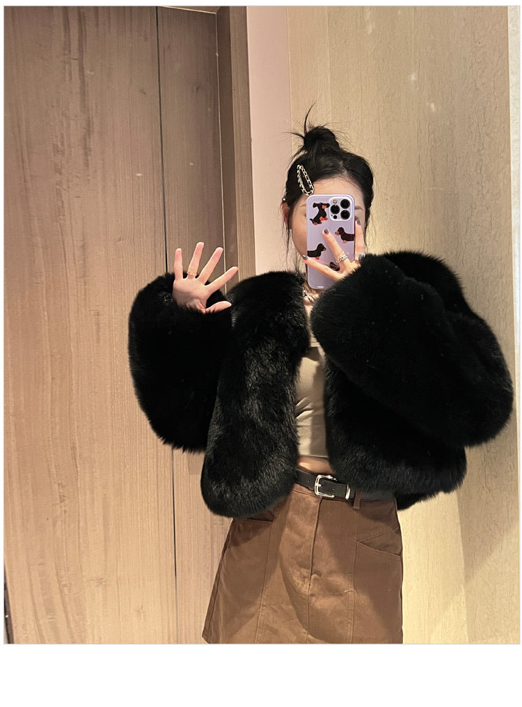 Designed Faux Fox Fur Warm Short Coats-Coats & Jackets-Black-S-Free Shipping Leatheretro