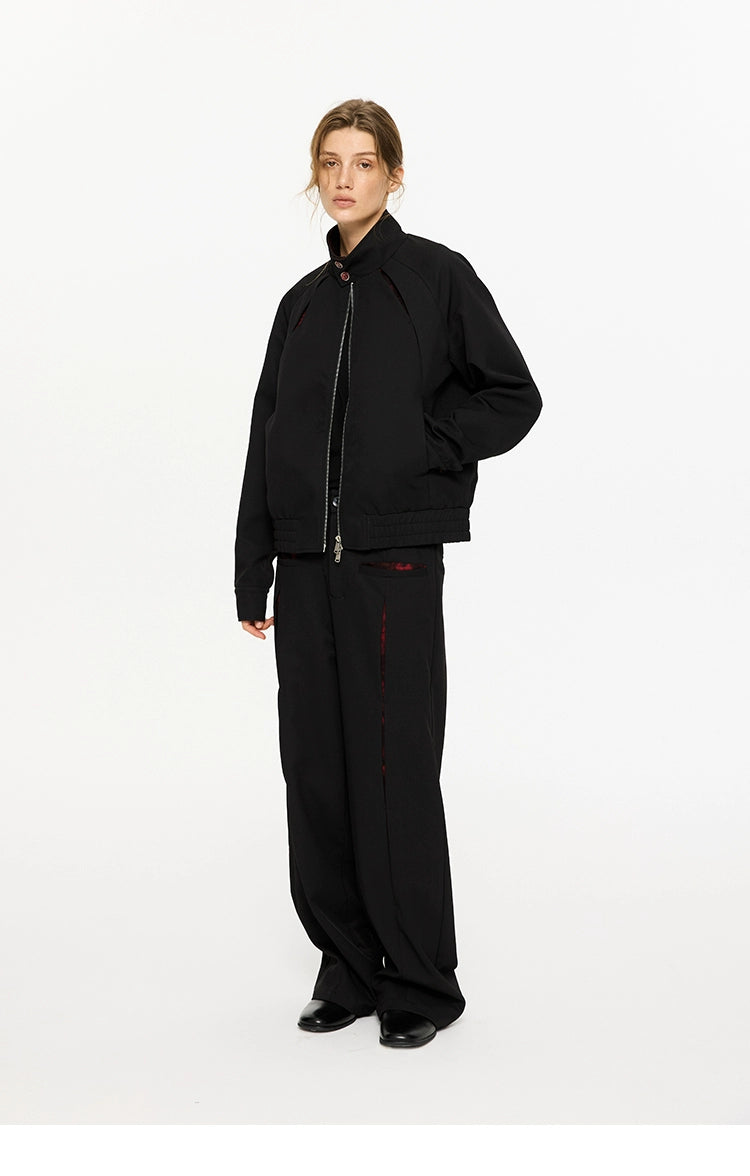 KREATE Harrington Collar Jacket with Segmented Oil Painting Lining-Top-Black-S-Free Shipping Leatheretro