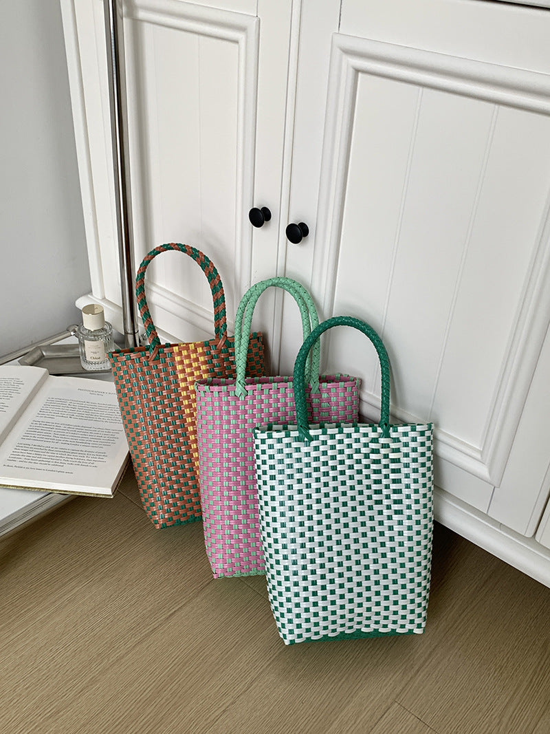 Summer PVC Handwoven Beach Bag – Colorful Boho Tote, Gift Basket & Casual Carryall-Beach Bags-Pink green-Free Shipping Leatheretro