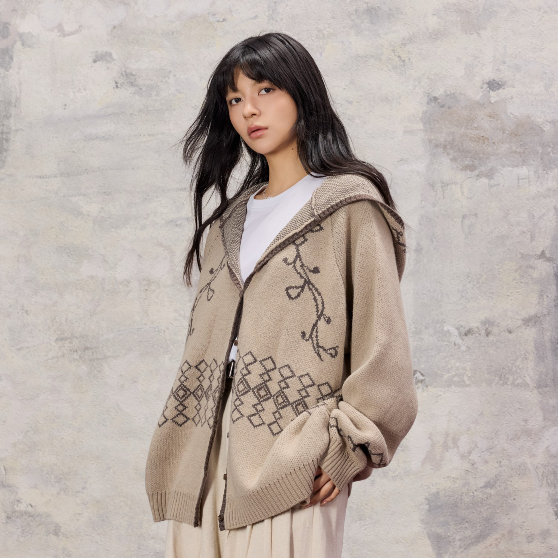 ALVNG AR ANTS Jacquard Floral Wool-Blend Hooded Cardigan-Jacket-S-Beige-Free Shipping Leatheretro