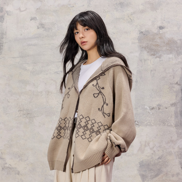 ALVNG AR ANTS Jacquard Floral Wool-Blend Hooded Cardigan-Jacket-S-Beige-Free Shipping Leatheretro