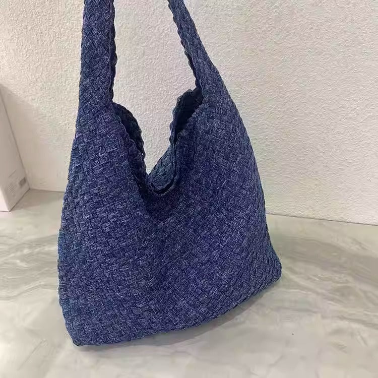 Stylish Canvas & Denim Woven Bucket Bag for Women-Light Blue 23cm-Free Shipping Leatheretro
