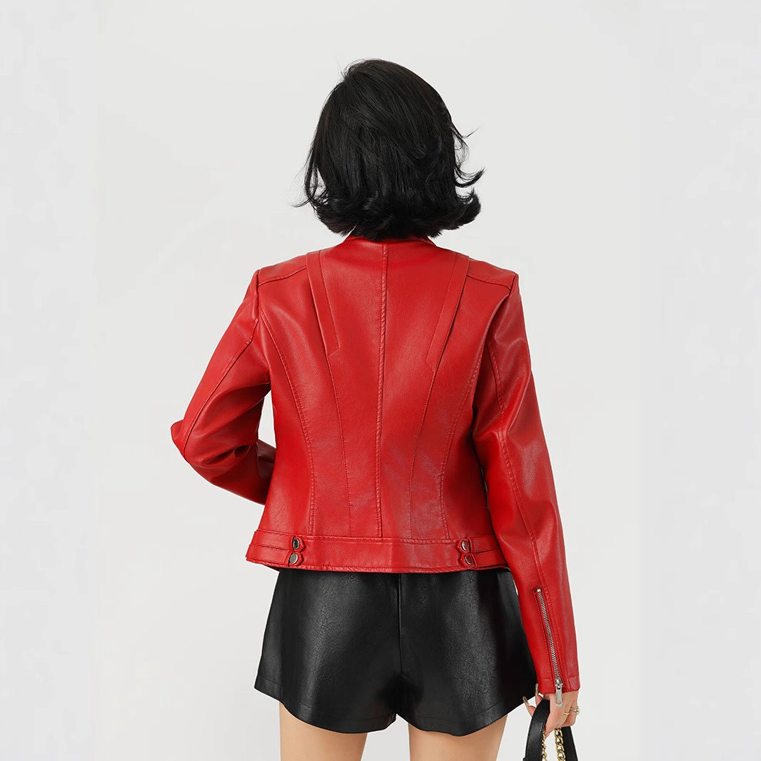 Women's Fashion PU Leather Jacket-Red-S-Free Shipping Leatheretro