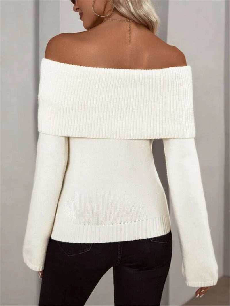 Sexy Off The Shoulder Knitted Women Sweaters-Sweater&Hoodies-White-S-Free Shipping Leatheretro