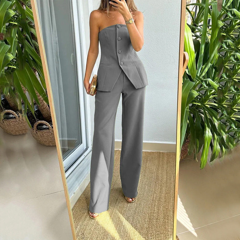 Fashion Strapless Tops and Wide Leg Pants Outfits-Suits-Gray-S-Free Shipping Leatheretro