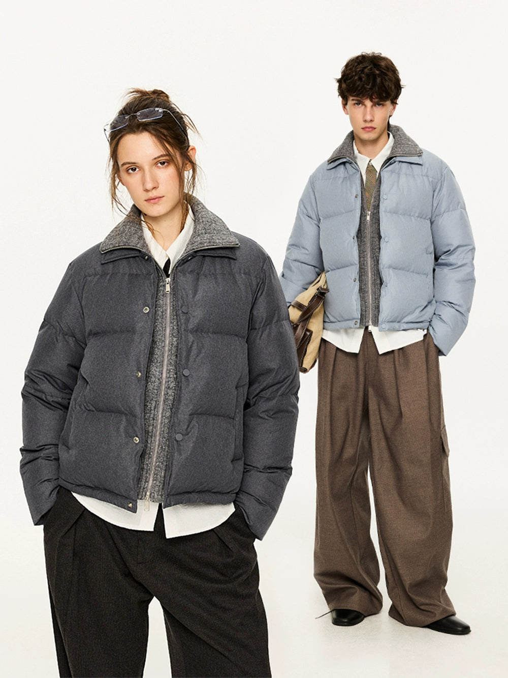 KREATE Men's Two-Tone Knit Collar Down Jacket with 90% Down-Light Blue-S-Free Shipping Leatheretro