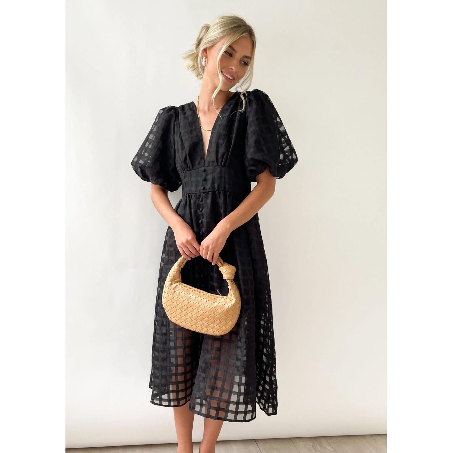 Classic Summer Hollow Design Lantern Sleeves Multi-color Women Dresses-Dresses-884 black-S-Free Shipping Leatheretro