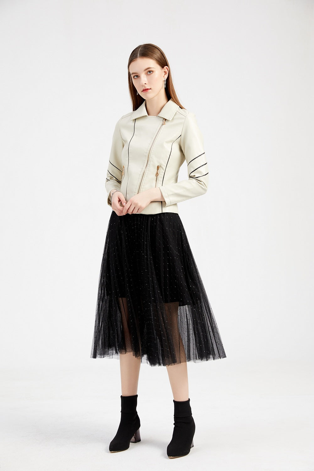 Women's PU Leather Jacket Short Biker Jacket for Spring & Fall-Beige-S-Free Shipping Leatheretro