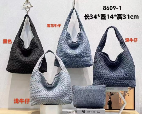 Stylish Canvas & Denim Woven Bucket Bag for Women-Light Blue 23cm-Free Shipping Leatheretro