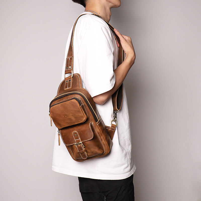 European and American Men's Crazy Horse Leather Crossbody Chest Bag-Chest Bags-Black-Free Shipping Leatheretro