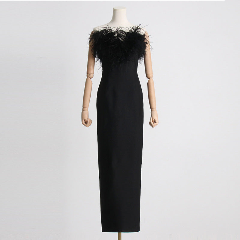 Sexy Strapless Ostrich Feathers Sheathe Long Dresses-Dresses-Black-S-Free Shipping Leatheretro