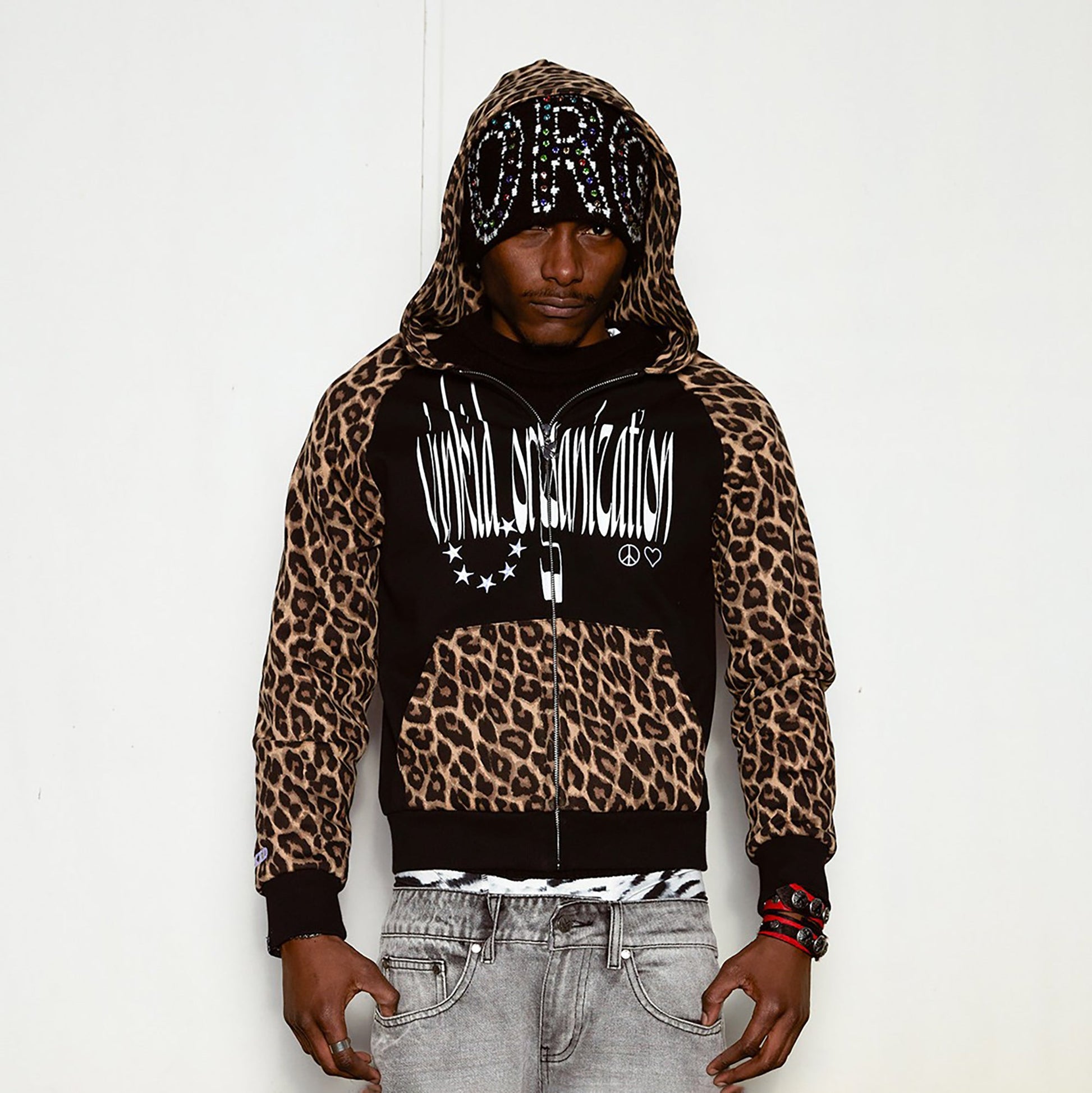 VINKID Leopard Full-Print Raglan Zip-Up Hoodie-Jacket-S-Free Shipping Leatheretro