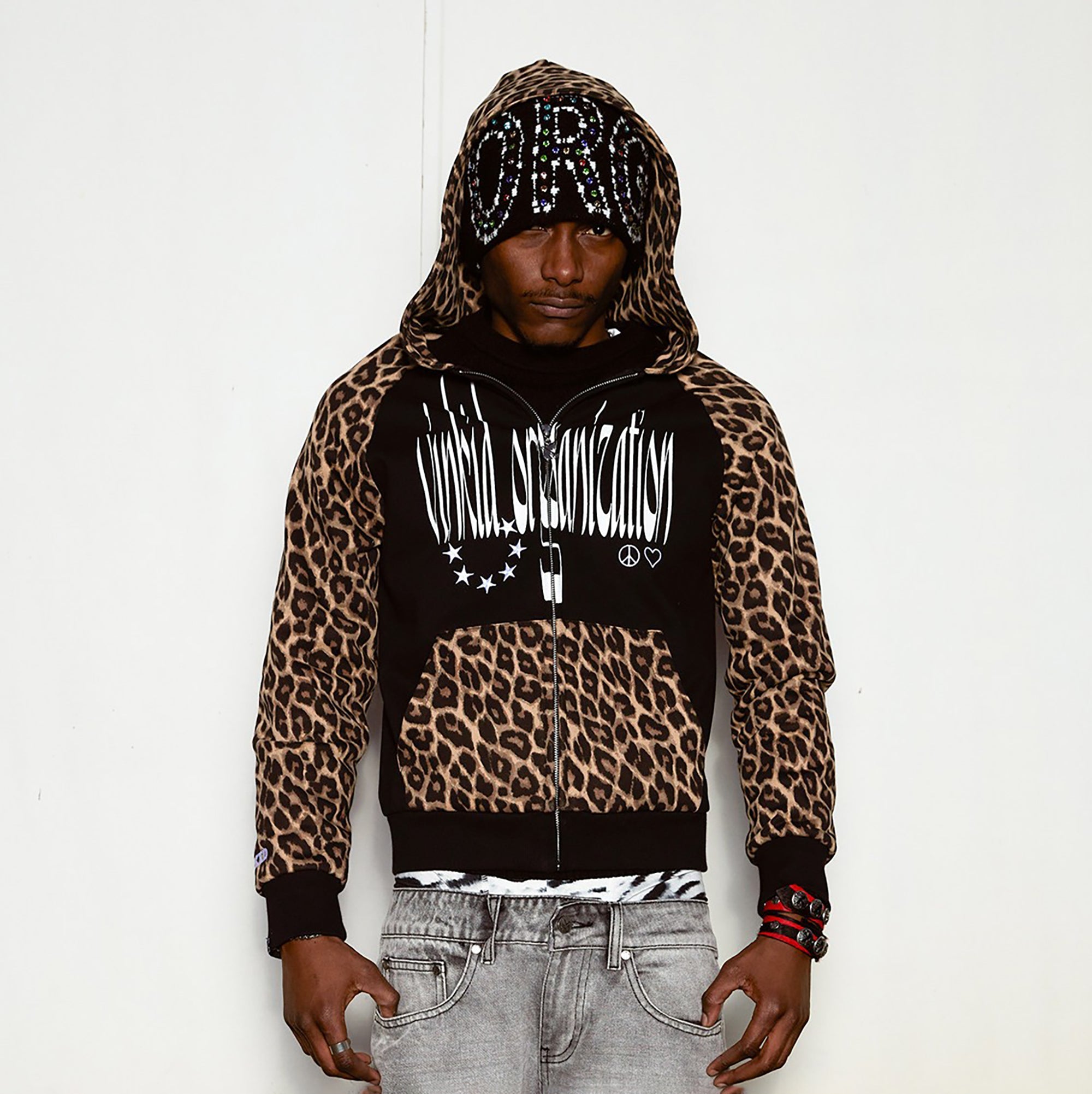 VINKID Leopard Full-Print Raglan Zip-Up Hoodie-Jacket-S-Free Shipping Leatheretro