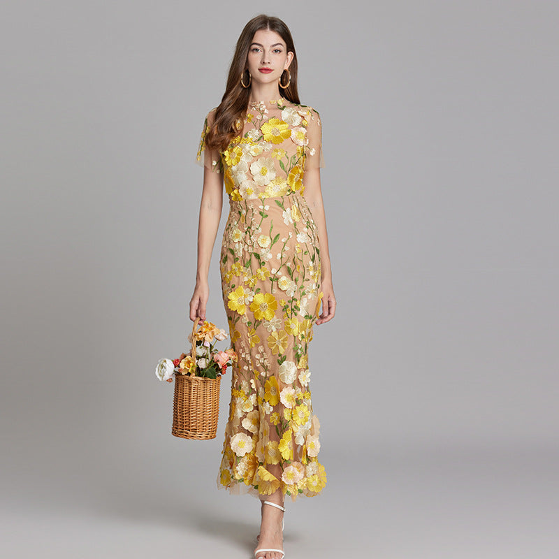 Designed 3d Flowers Embroidery Mermaid Sheath Dresses-Dresses-Yellow-S-Free Shipping Leatheretro