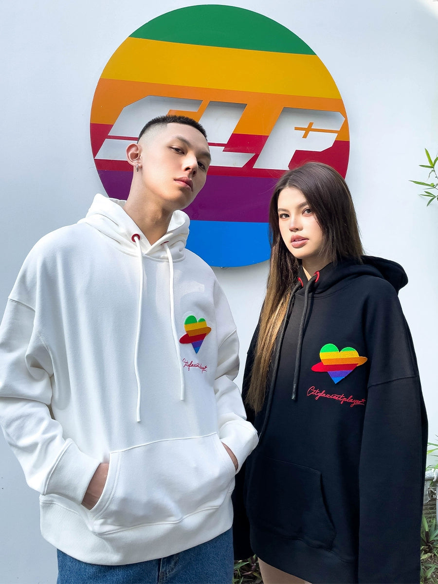 CLP Unisex Rainbow Heart Loose Fit Hoodie-Black-S-Free Shipping Leatheretro